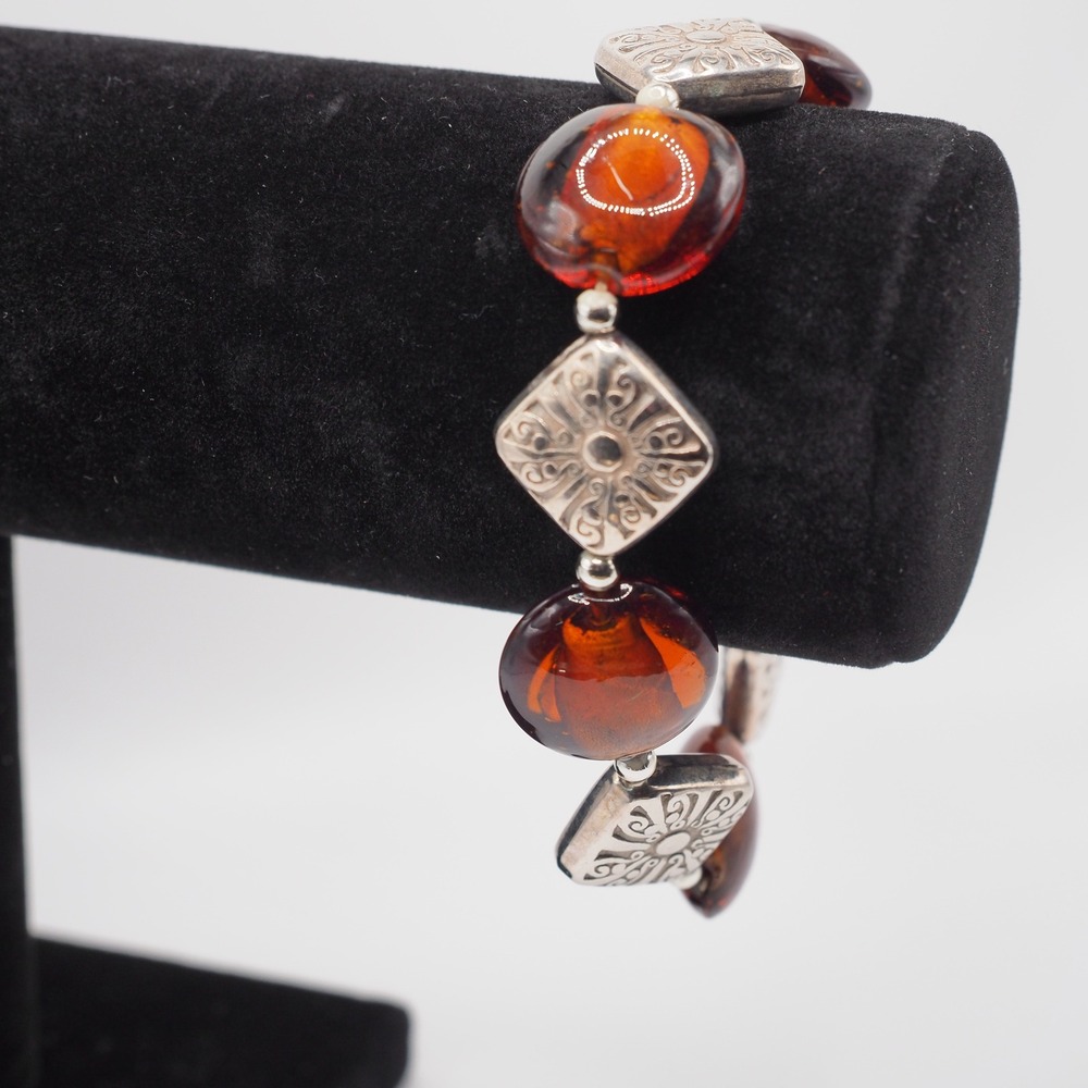 Artisan Stretch Bracelet Brown Foil Bead Embossed Scroll Square Silver Tone Boho